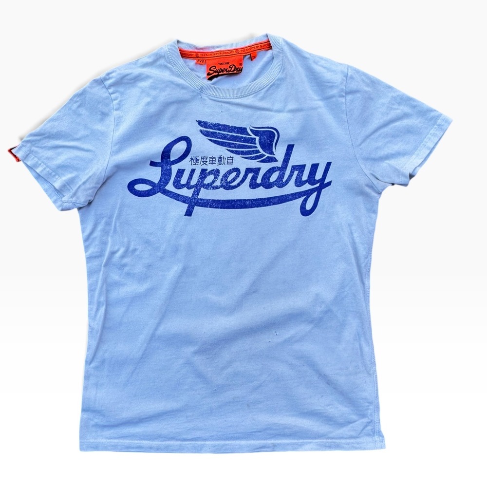 Superdry Vintage Logo T-Shirt Mens Medium Blue Distressed Winged Graphic Tee
